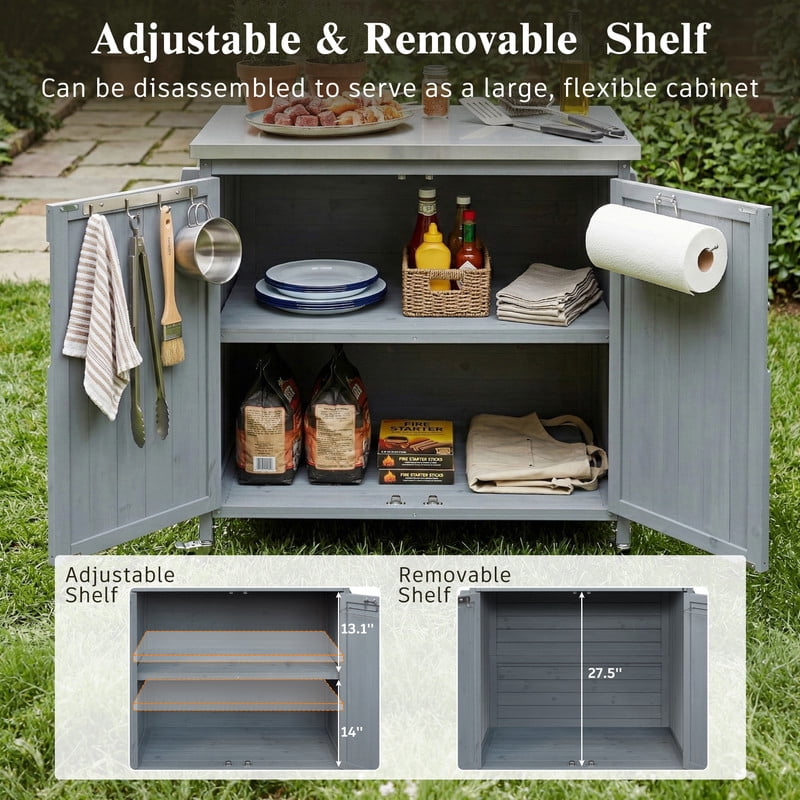 35.4''W Stainless Top Outdoor Rolling Kitchen Storage Island with Side Racks, Outdoor Grill Serving Cart with Cabinet & Adjustable Shelf