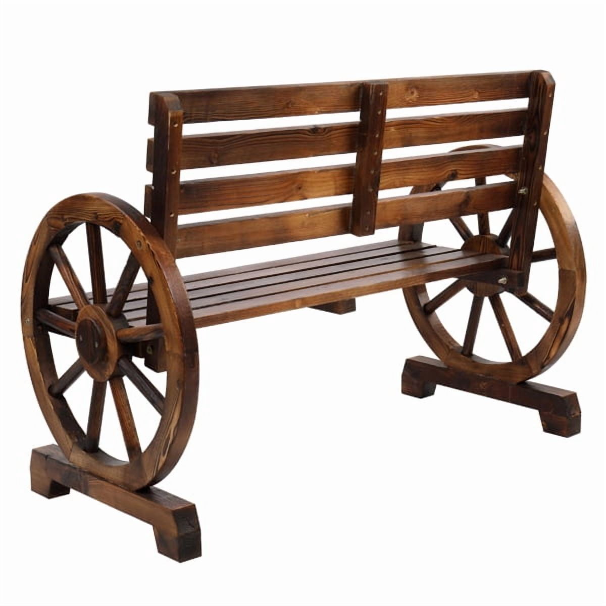 Rustic 2-Person Wooden Wagon Wheel Bench with Slatted Seat and Backrest for Patio Garden, Brown