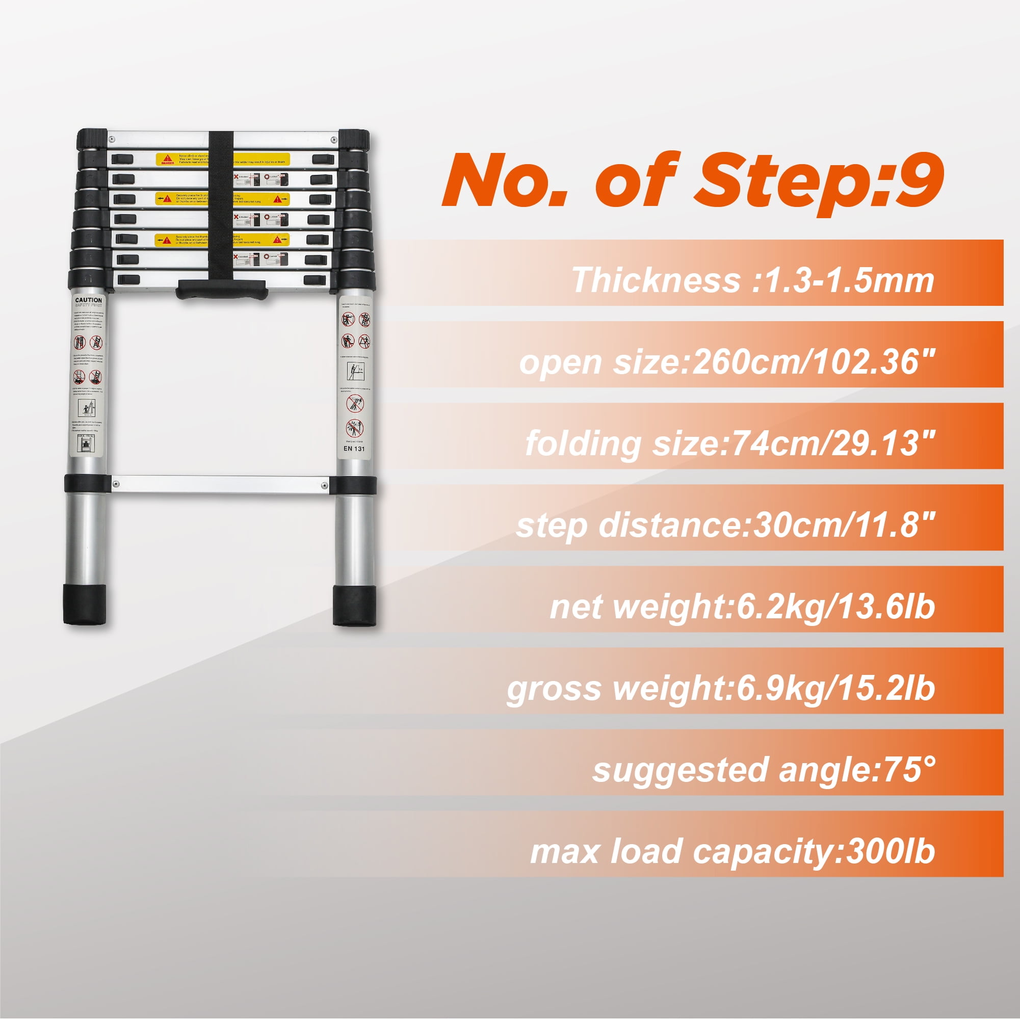 MAYEERTY Telescoping Ladder 8.5FT, Telescopic Extension Ladder, Aluminum Alloy Portable Folding Ladder for Indoor Outdoor, Heavy Duty 300 lbs Load