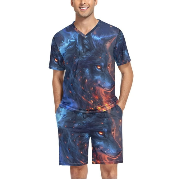 joogoo Men's Pajama Set Cool Alpha Wolf V-Neck Pj Shorts Set 2 Piece Loungewear Sleepwear L