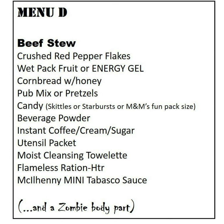 Z-Ration Menu D MRE (Ready to Eat) Beef Stew Meat: Perfect for Delicious  and Nutritious Meals on the Go 