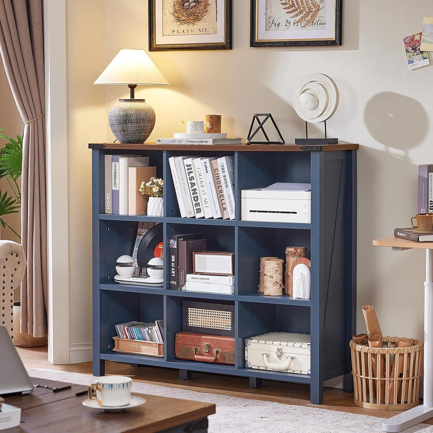 Joaxswe 3-tier Bookshelf, 42.2 in Tall Bookshelf with 9 Open Display Shelves, Large Bookcase for Office Living Room, Blue