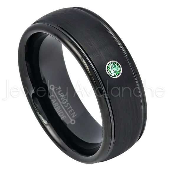 8mm Dome Tungsten Wedding Band - 0.07ct Solitaire Emerald Ring - Personalized Tungsten Wedding Ring - Custom Made May Birthstone Ring TN664BS