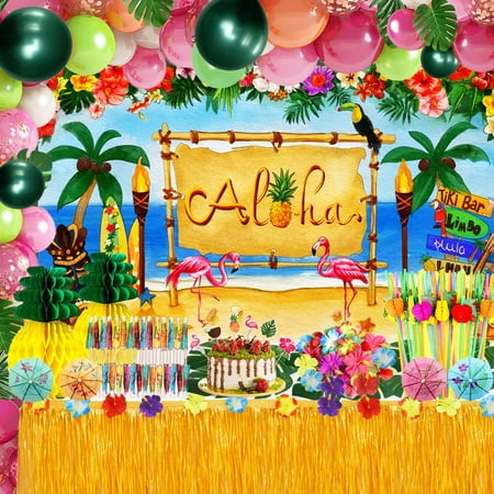 

Hawaiian Luau Party Decoration Pack (159 Pcs) Tropical Beach Themed Aloha Summer Party Supplies Kit (including Table Skirt Backdrop Balloons Straws Hibiscus Palm Leaves Food Topper Pineapples)