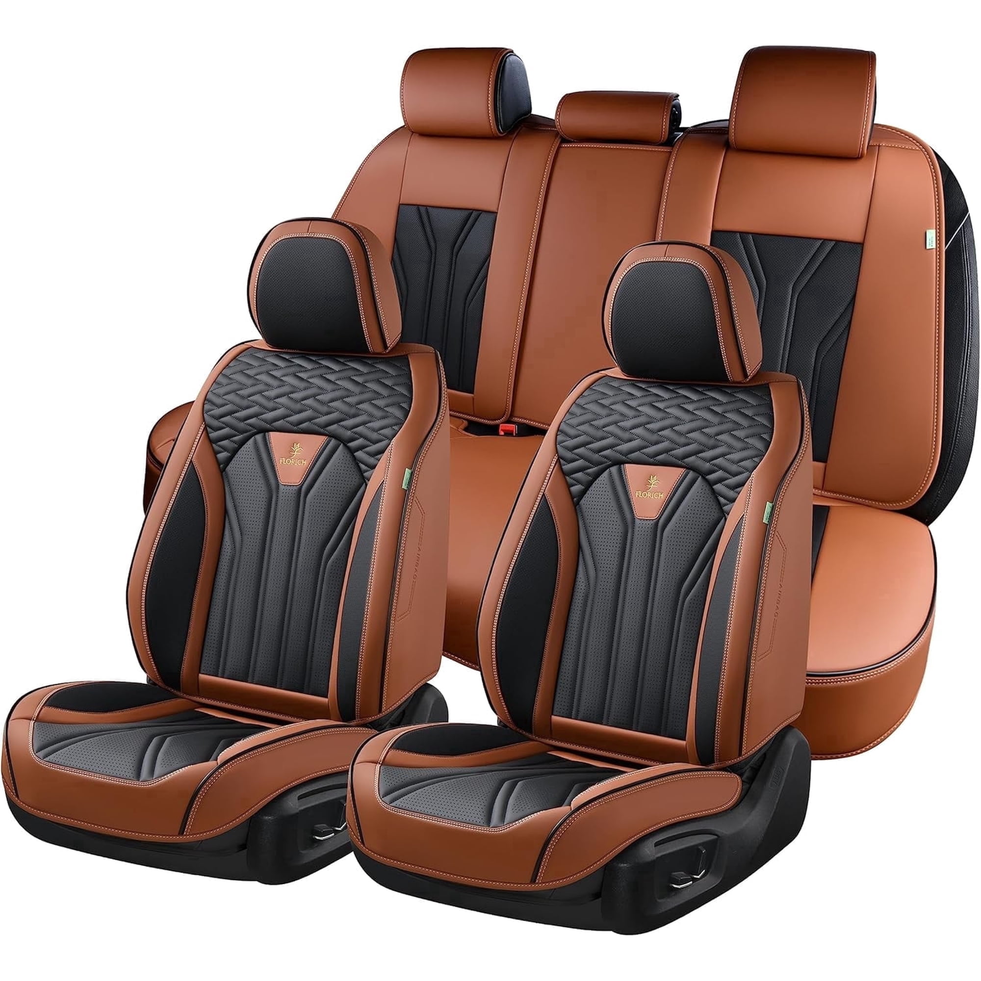 FLORICH Universal Leather Car Seat Cover Full Set, Brown Seat Covers for Cars 5 Seats, Waterproof Front and Rear Automotive Seat Cover Fit for Most Sedans SUV Pick-up Truck, Black & Brown