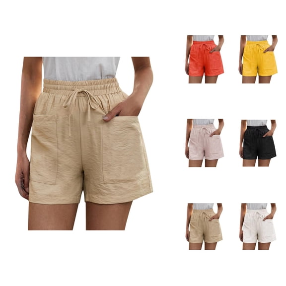 Shorts for Women 2026 Summer Plus Size Linen Elastic High Waist Wide Straight Leg Casual Shorts with Pockets