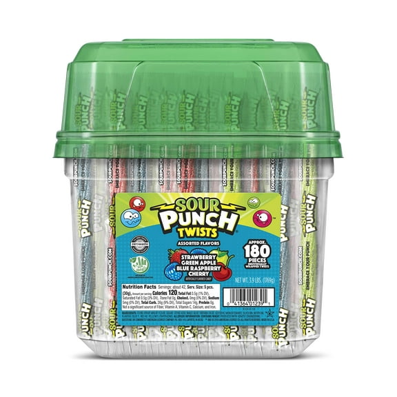Sour Punch Twists, 6" SBF3 Individually Wrapped Soft & Chewy Candy Tub, 4 Fruit Flavors, 62.4 Oz