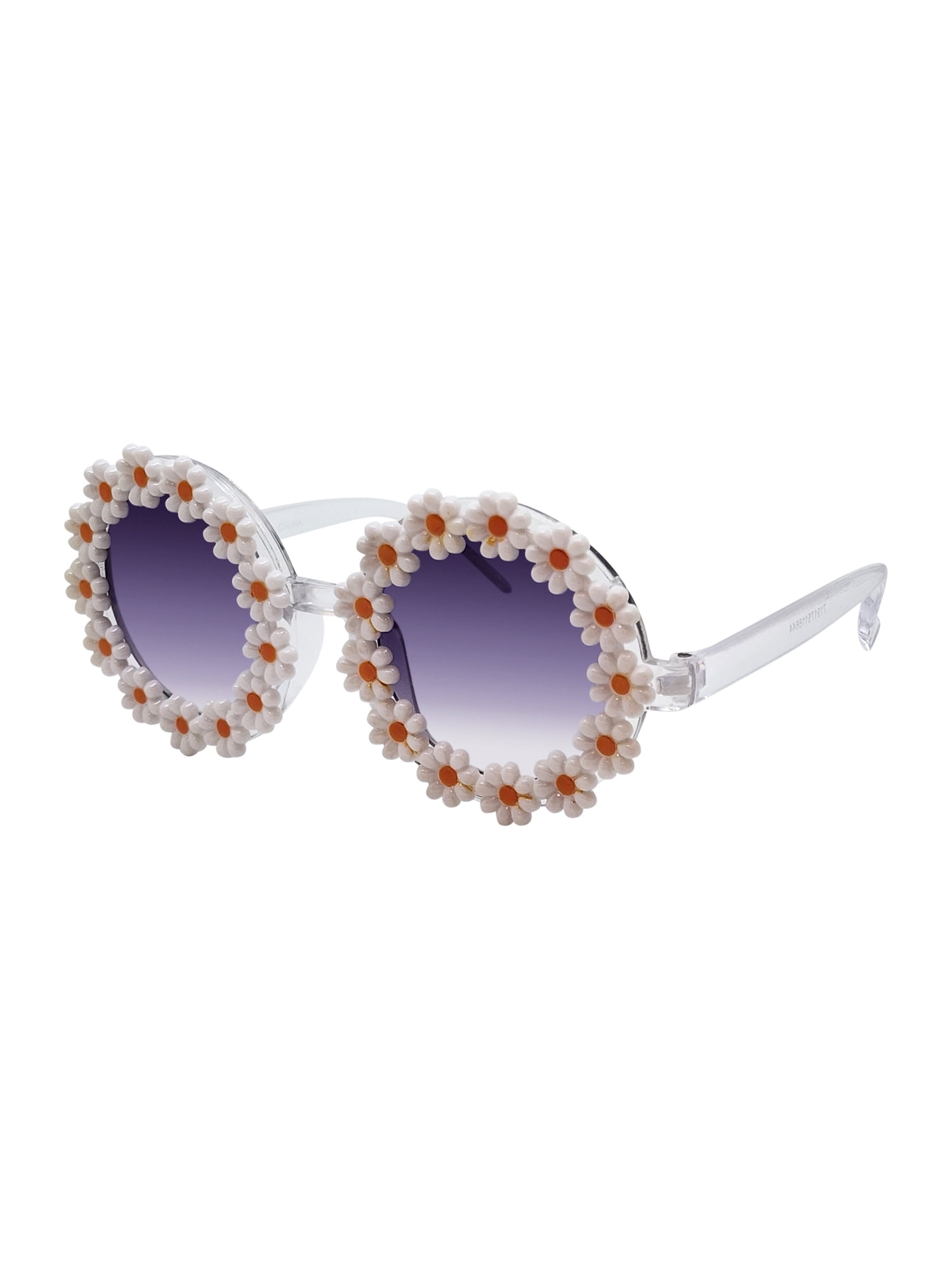 Kids Plastic Floral Round Clear Frame Smoke Lens Sunglasses