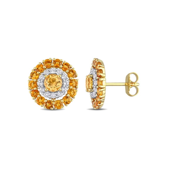 3.52 Carat (Ctw) Madeira Citrine and White Topaz Halo Earrings in Yellow Plated Sterling Silver for Women