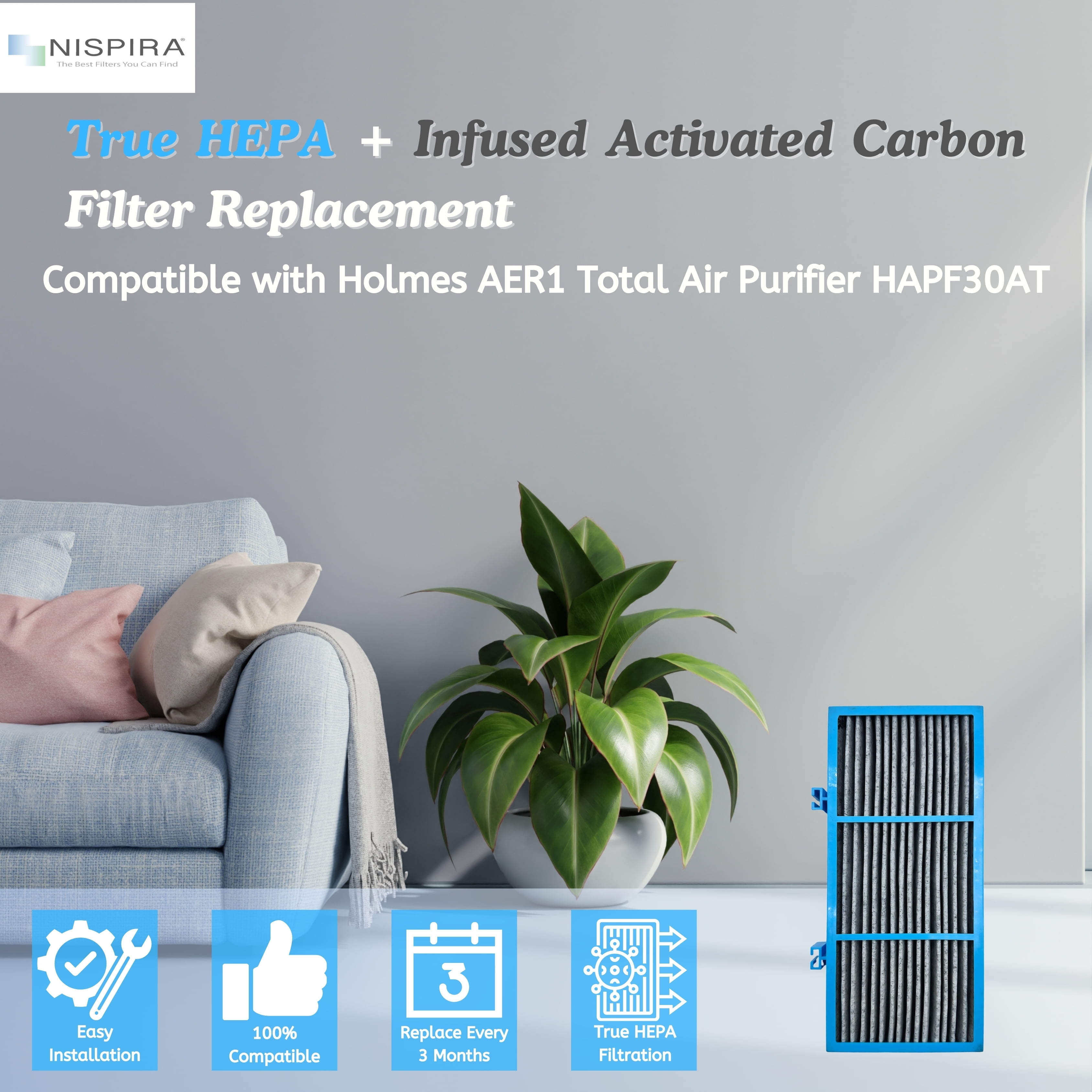 AER1 HEPA + Infused Activated Carbon Filter Replacement Compatible with Holmes AER1 HAPF30AT Air Purifier Remove Smoke 4 Packs
