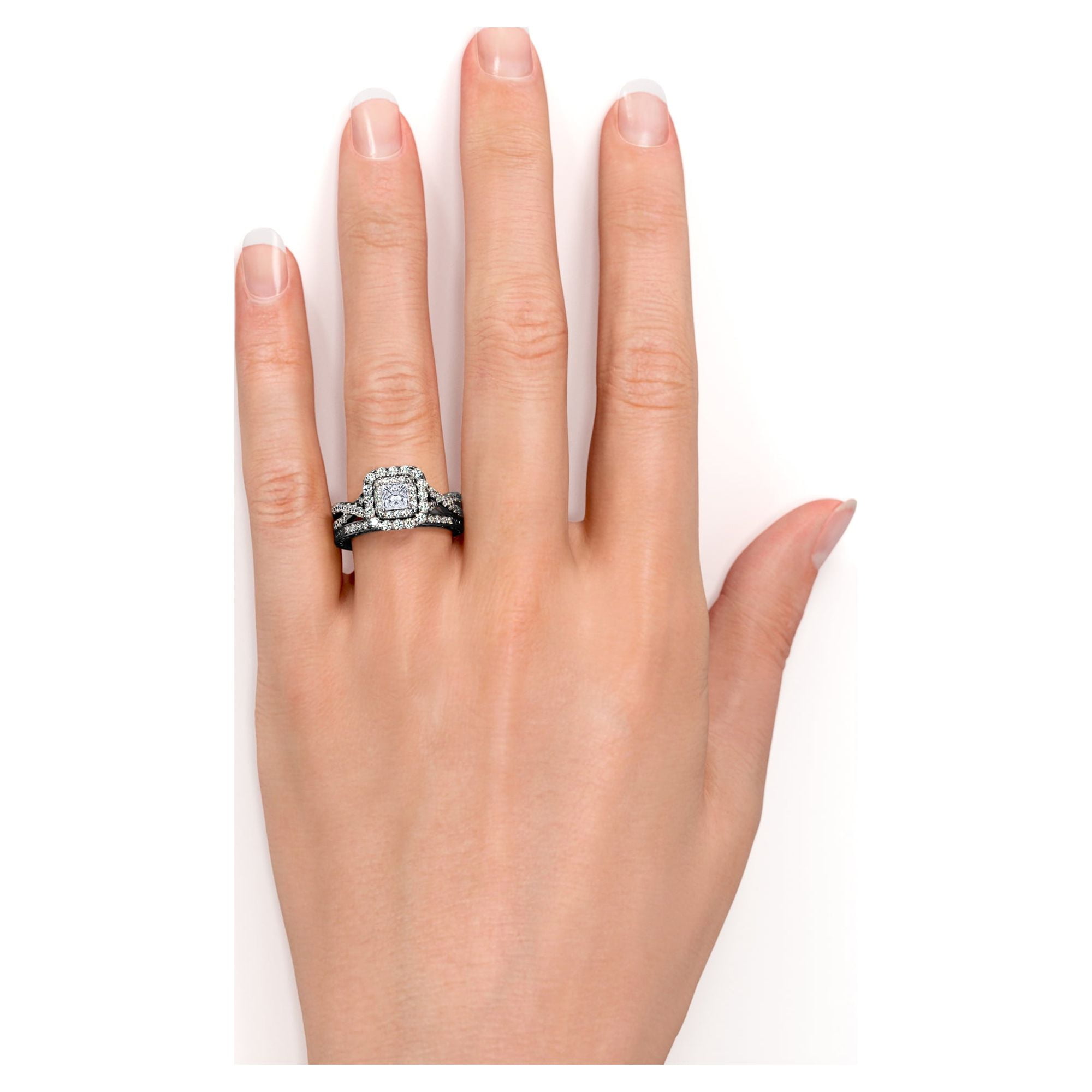 JeenMata Square Diamond  Double Halo  Twisted Band  Vintage Inspired  Pave  Gothic Wedding Ring Set in 10K Black Gold  (图2)