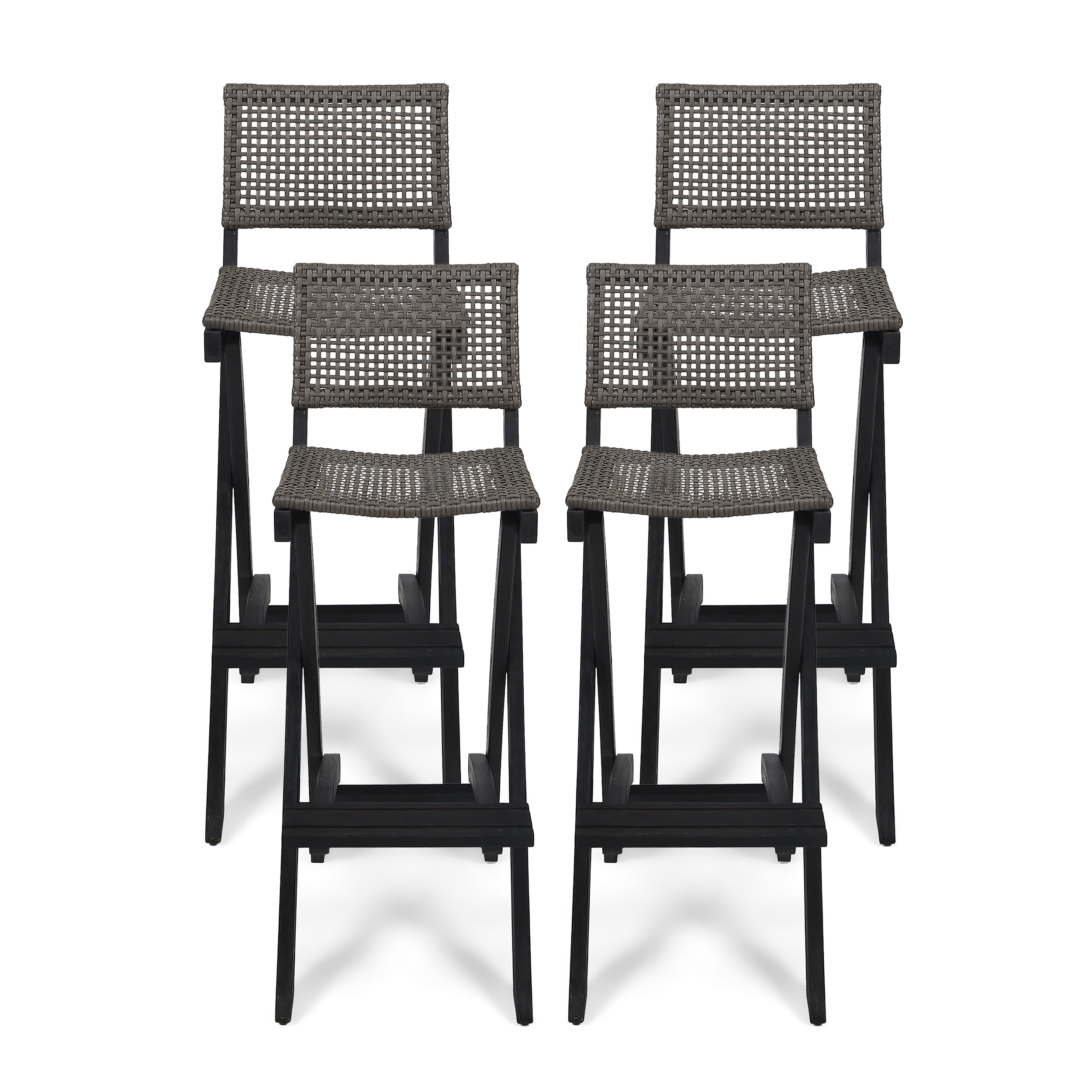 Briar Outdoor Folding Acacia Wood Barstools, Set of 4, Dark Gray and