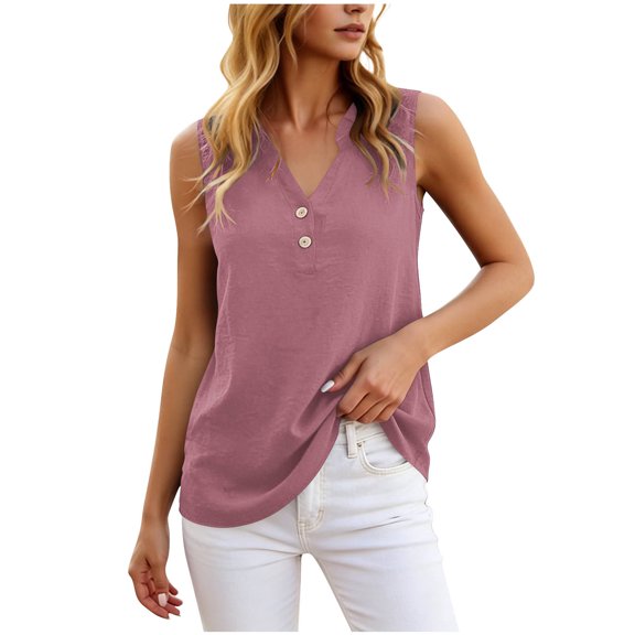 HappyYEE Summer Tank Tops for Women Casual V-Neck Button Sleeveless Tops Loose Fits Summer Fashion Versatile Tanks Daily Wear ,Pinks,XXL