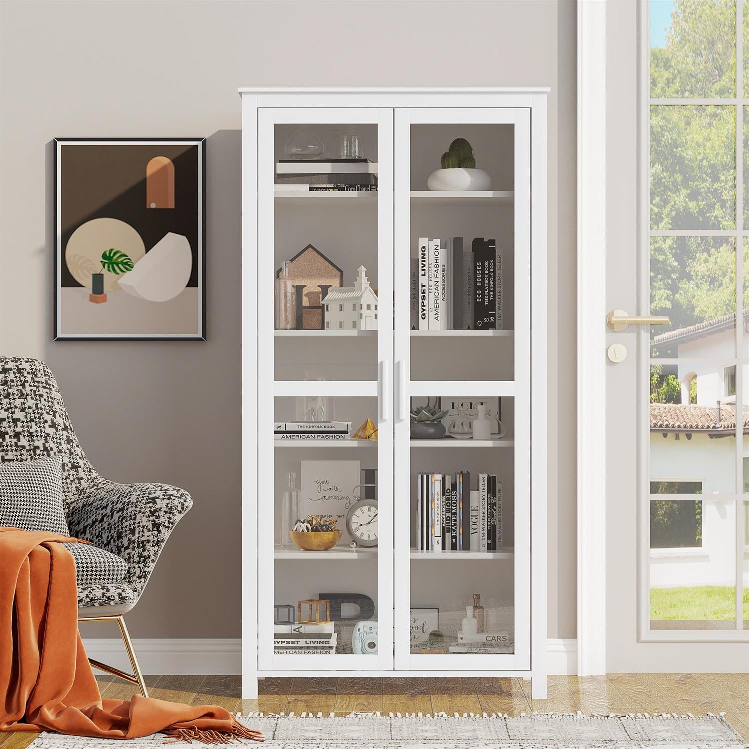 Demi Bonn 63" Freestanding Pantry Cabinet, 2 Glass Doors & Adjustable Shelves, Storage & Display for Dining Room, White
