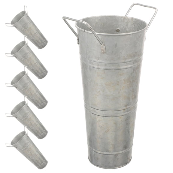 OUNONA 6Pcs Rustic Galvanized Flower Buckets Plated Silver Metal Vase Set with Handles for Wedding Decor