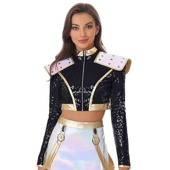 Choomomo Women's Shoulder Epaulet Crop Top Singer Dance Jacket Sequin Long Sleeve & Front Zipper Black 3XL