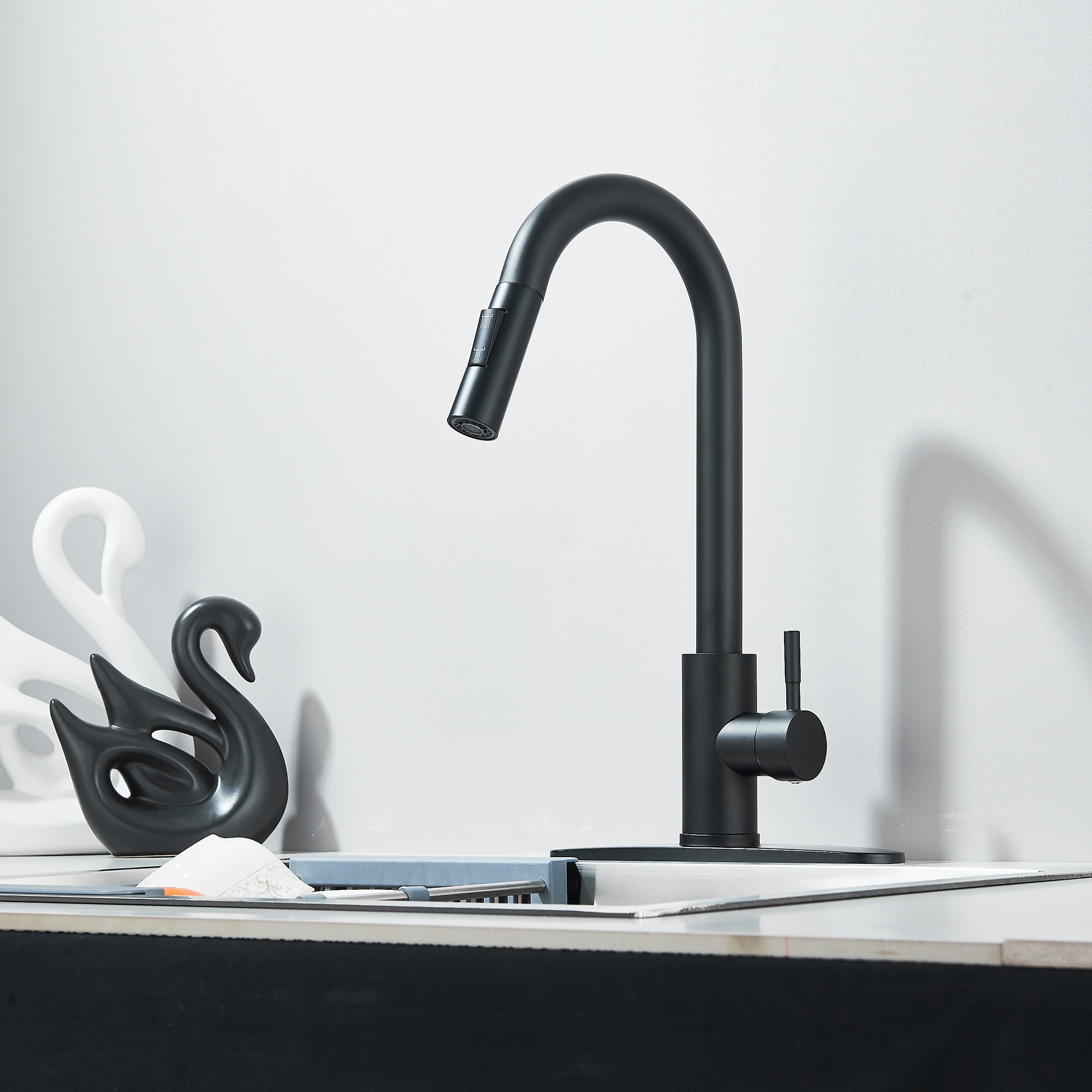 Black Kitchen Faucets with Pull-Down Sprayer , 2.5GPM High Arc Single Handle, Stainless Steel, with Deck Plate, for Farmhouse Camper Laundry Rv Bar