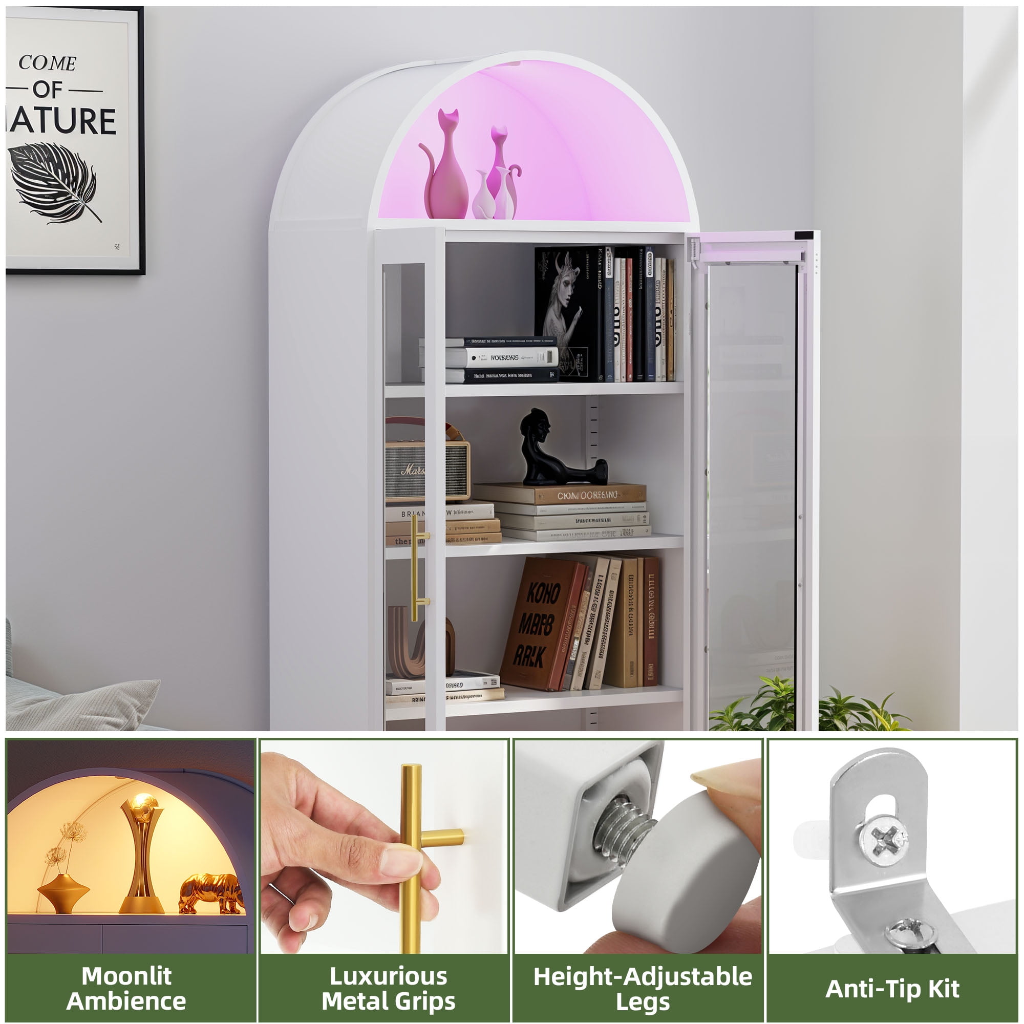 Uforic Metal Display Cabinet with LED Lights & Glass Doors, Arched Storage Cabinet, White