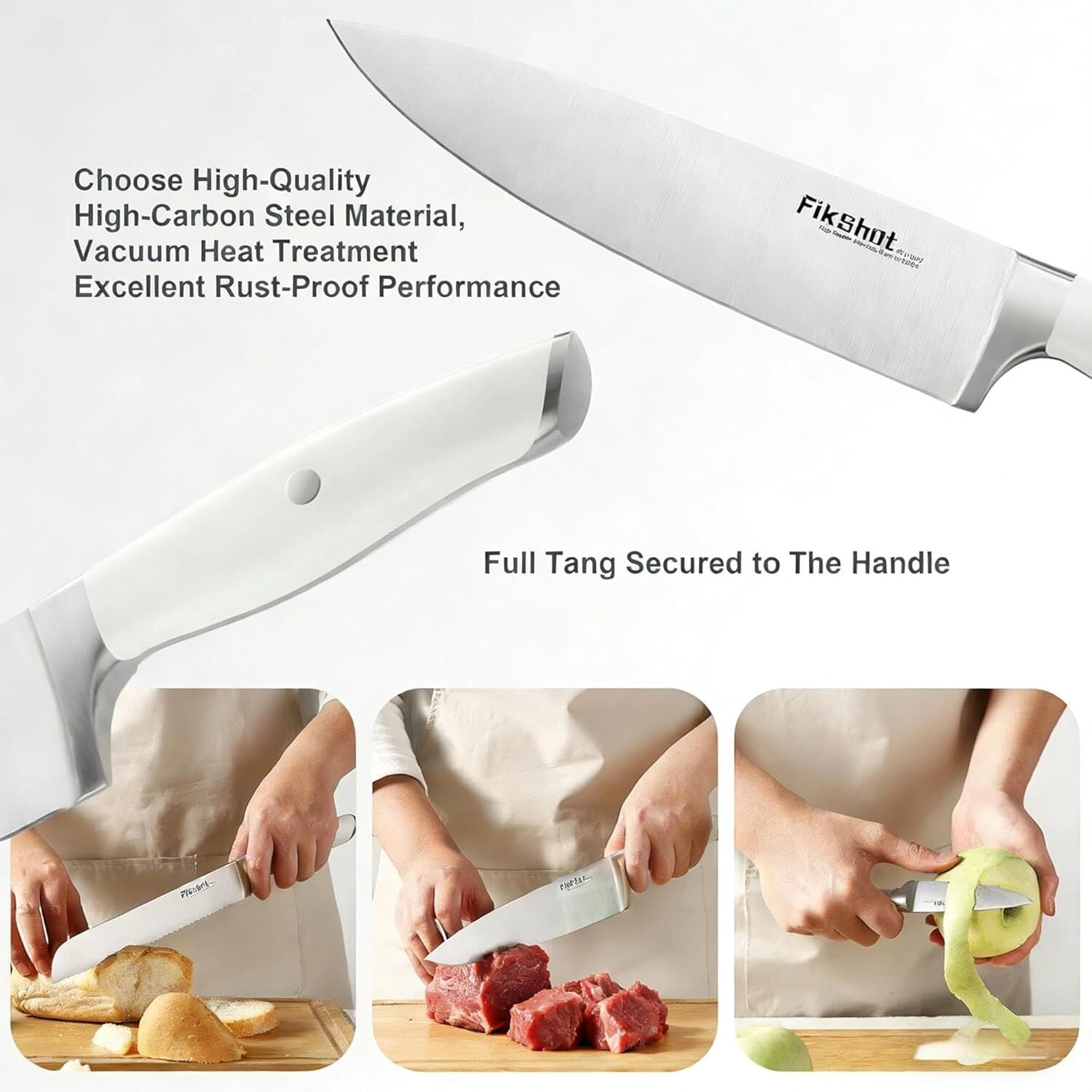 FIKSHOT 14-Piece Kitchen Knife Set with Built-in Sharpener, Professional White Stainless Steel Chef Knives, Dishwasher Safe, Silver