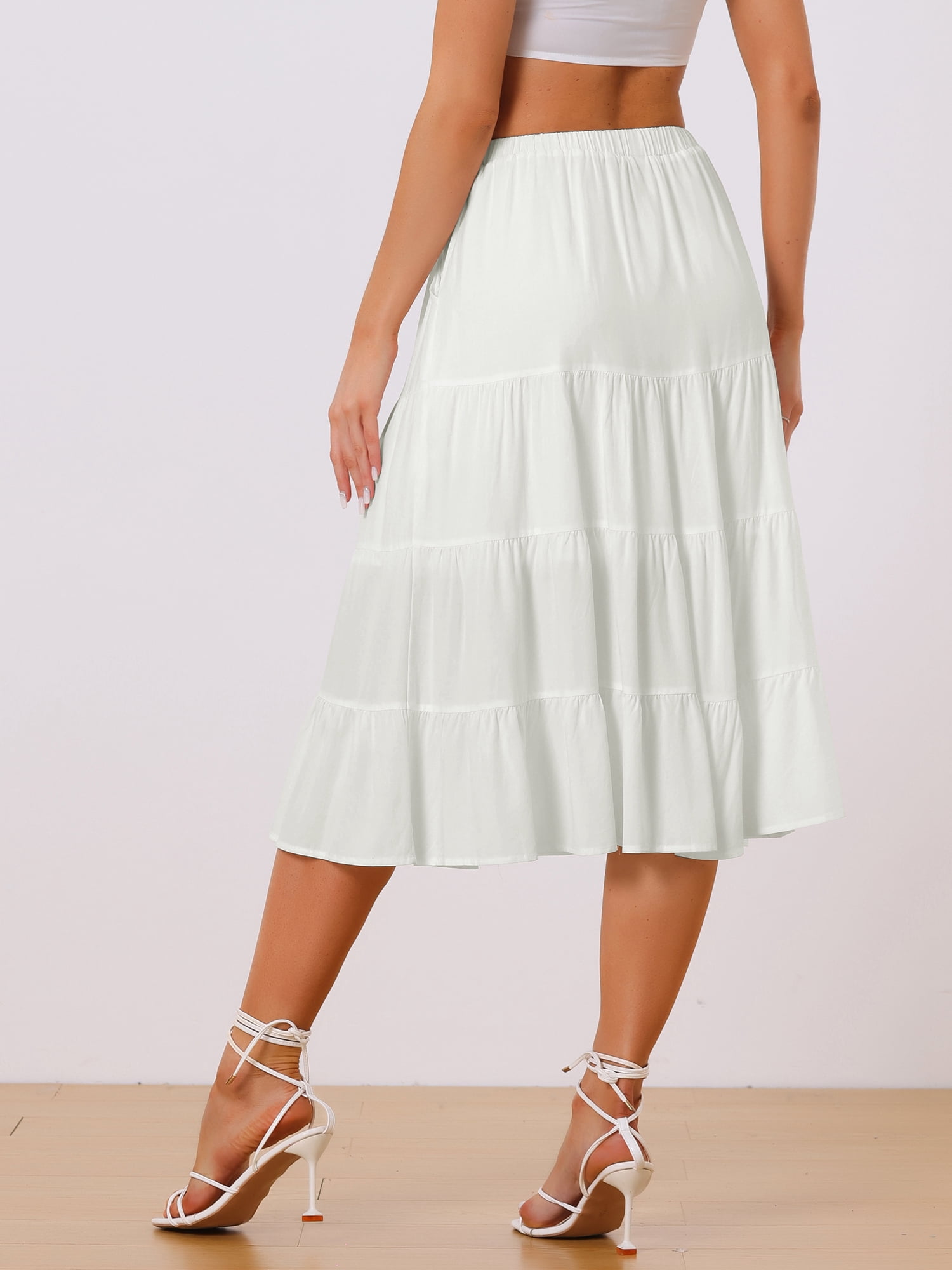 DARING DIVA Women's Flare Tiered Pleated Solid Elastic Waist A-Line Skirt S White
