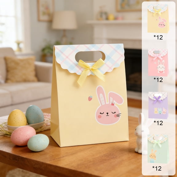 Easter Gift Bags - 12PCS Pink Bow Easter Treat Bags with Handles,Bunny & Easter Egg Patterned Party Bags for Birthday Wedding Egg Hunt & Daily Use Four Styles Available 6.30x4.72 inch