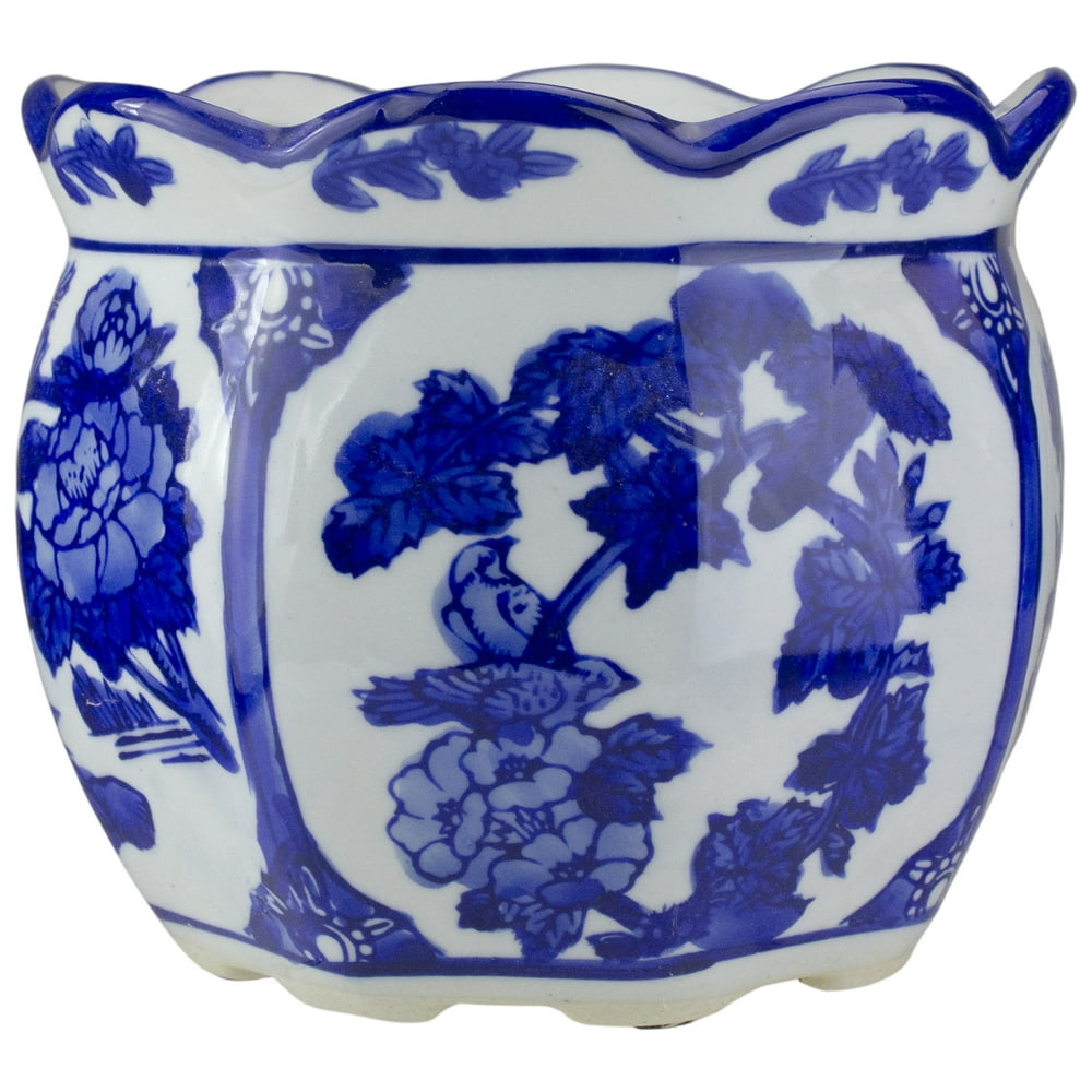 6.5" White and Blue Delft Design Ceramic Floral Flower Pot Walmart