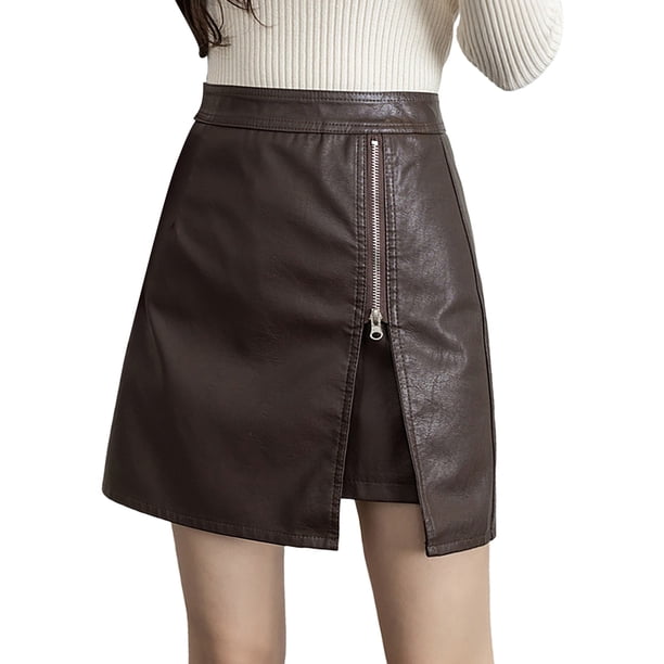 Gibobby faldas aesthetic Falda corta de color para mujer, falda a la cadera, falda de cuero ajustada, minifalda con abertura(Café, XL)