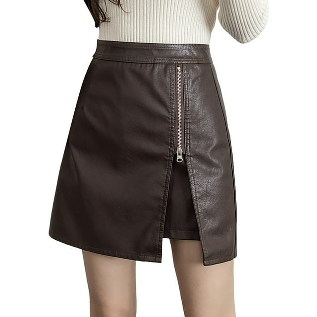 Gibobby faldas aesthetic Falda corta de color para mujer, falda a la cadera, falda de cuero ajustada, minifalda con abertura(Café, XL)
