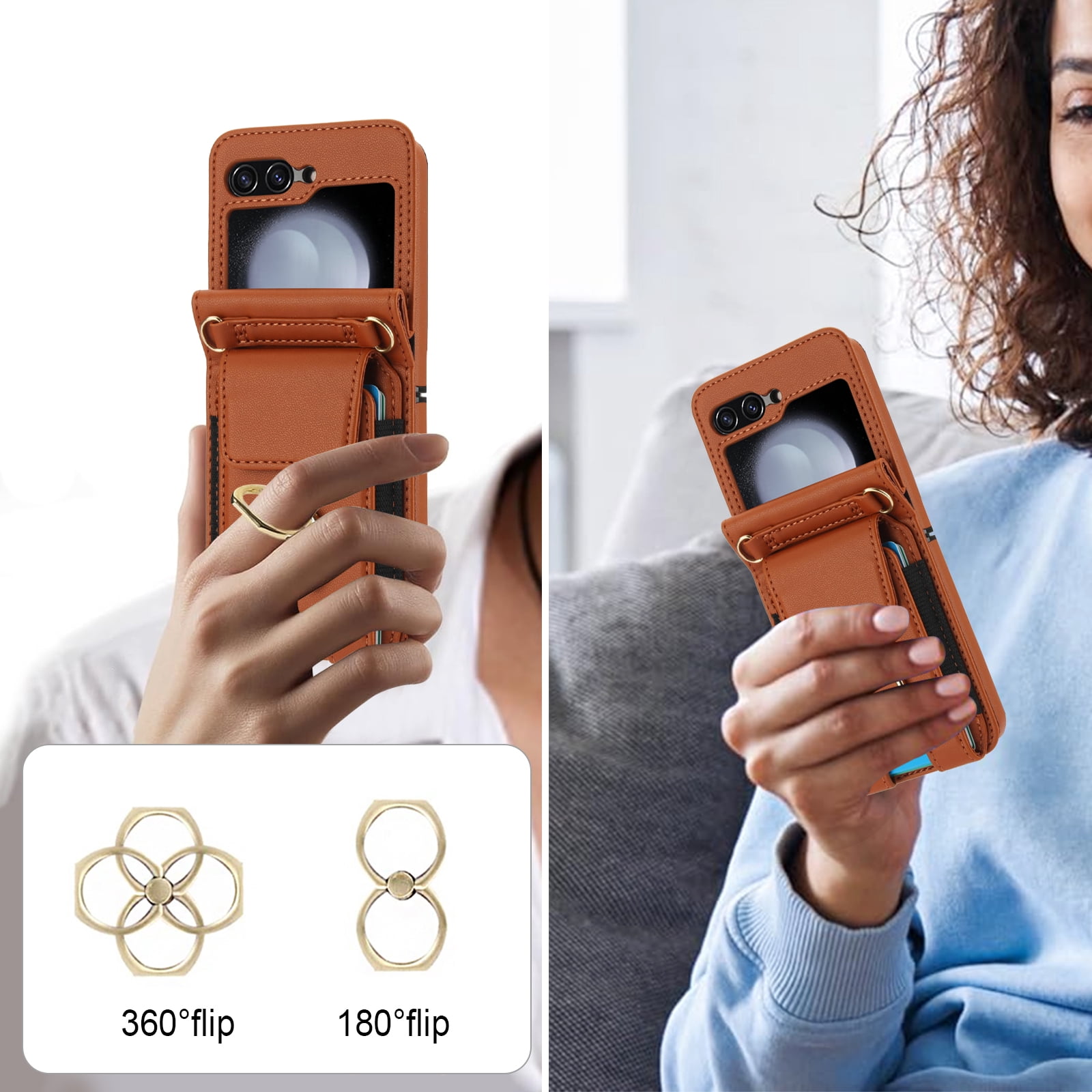 for Motorola Razr 60/Razr 2025 Case, Retro PU Leather Shockproof Protection Phone Case Wallet Built in Credit Card Slots Flip Cover Finger Ring Stand with Long Strap + Short Strap, Brown