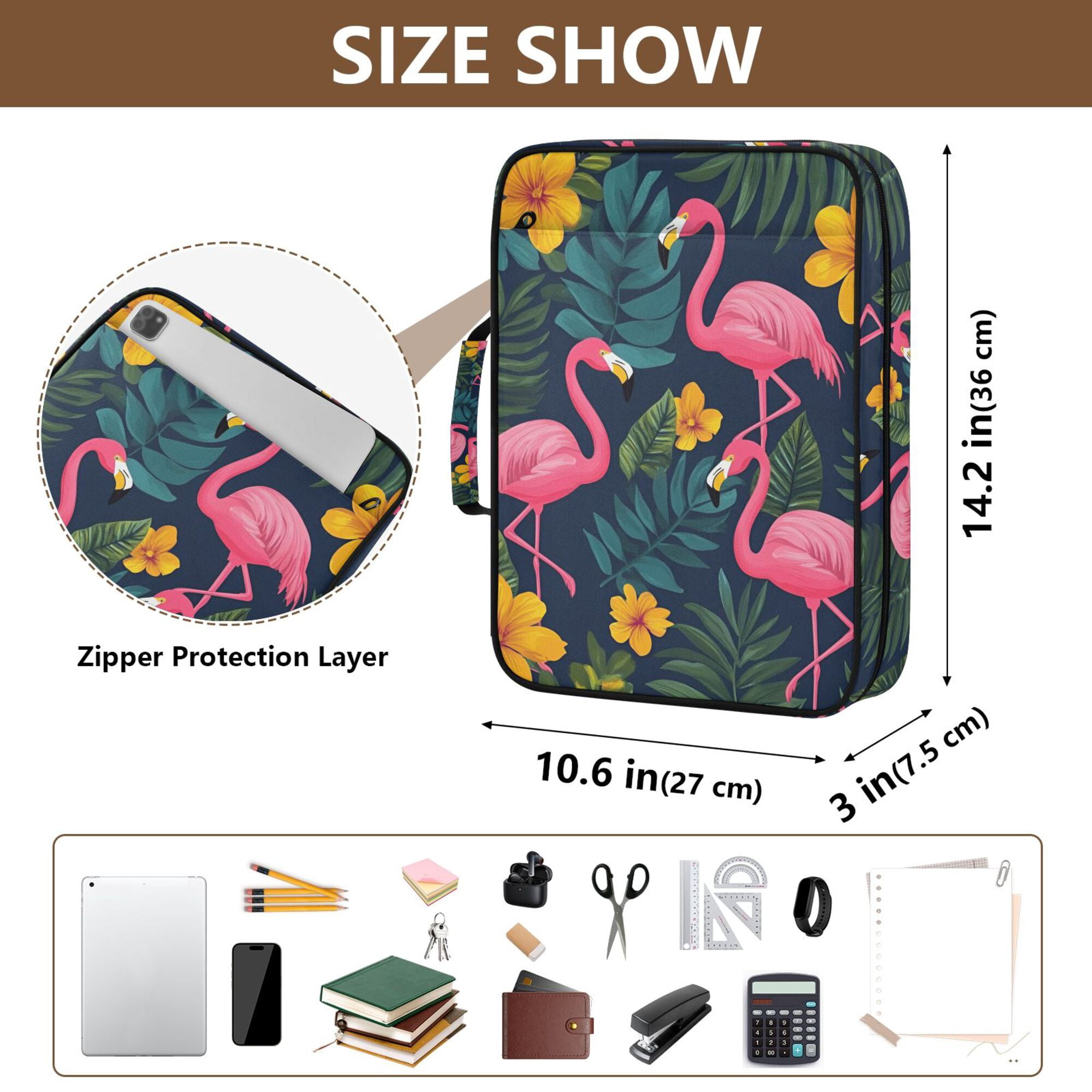 FORMRS Accordion File Folder A4 Size 7-Pocket Expanding Document Organizer Bag with 3 Ring Binder, Yellow Floral Flamingo