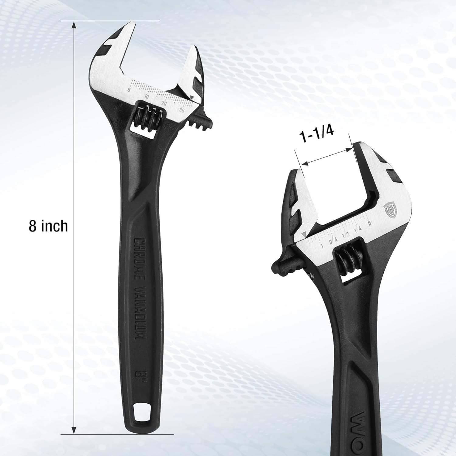 8" Adjustable Wrench, Black Oxide Wrench 8 Inch with Inch/Metric Scale, Premium Cr-V Steel