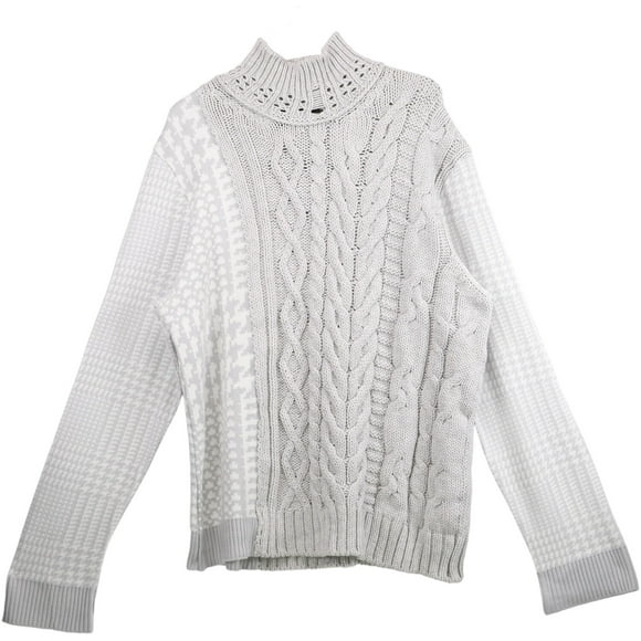 Tetsu Men's Grey Cable Herringbone Knit Wool Sweater Pullover - L