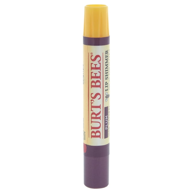 brillo de labios burts bees burts bees lip shimmer - plum brillo de labios dama 0.09 oz Tubo frontal vertical del Burts Bees Lip Shimmer Plum 0.09 oz con tapa amarilla y cuerpo color ciruela; etiqueta crema con logo BURT'S BEES y texto 'PLUM' y 'Lip Shimmer'. Fondo blanco, producto centrado; apto como brillo para añadir color y brillo a los labios.