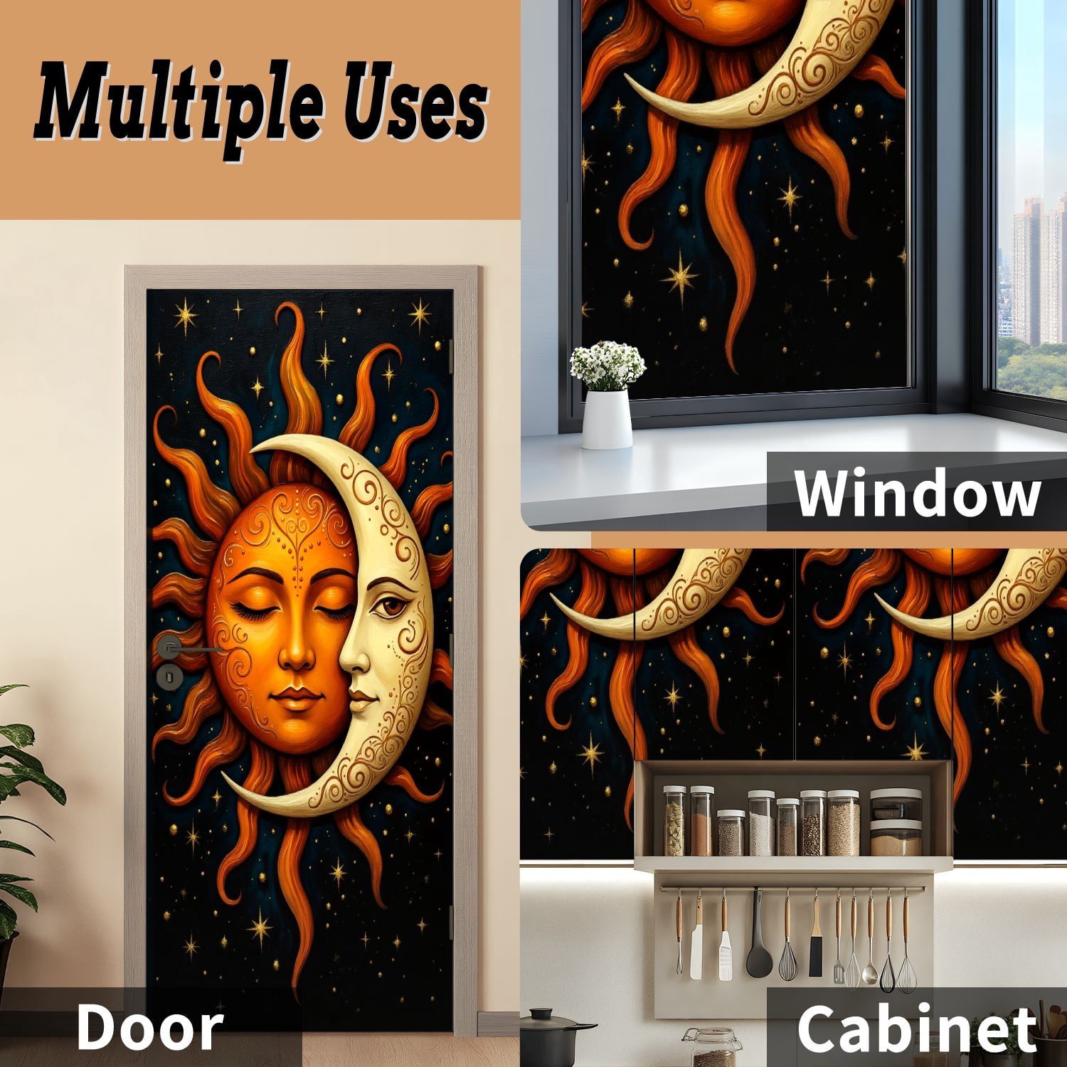 Self Adhesive Vinyl Refrigerator Wrap Set Sun Moon Fantasy Vibrant Orange Sun Detailed Crescent Moon Door Mural Removable Fridge Sticker Peel and Stick&nbsp;Full Door Cover Decal Kitchen Bar Decor