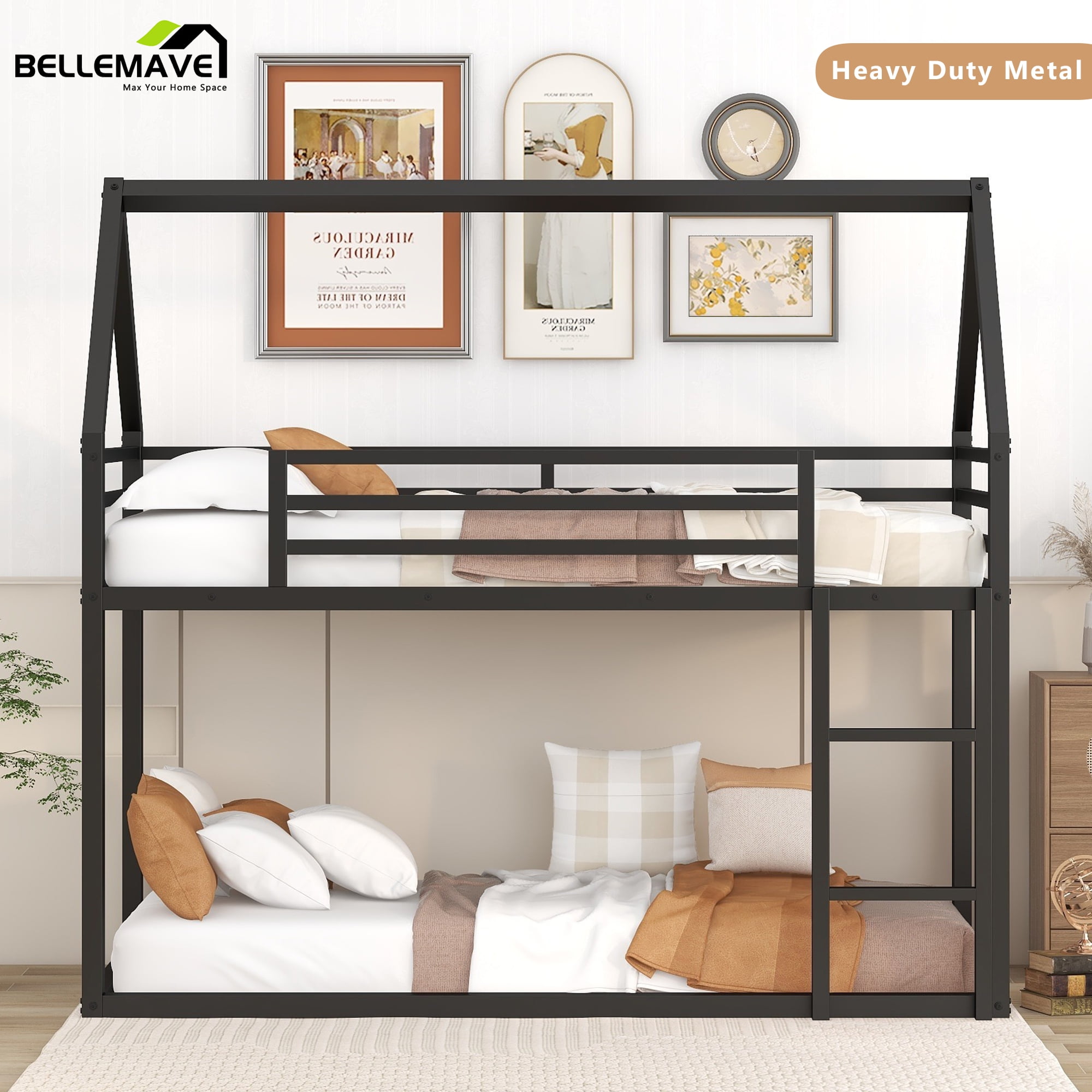 Bellemave Metal House Bunk Bed, Twin over Twin Bunk Bed with Ladder