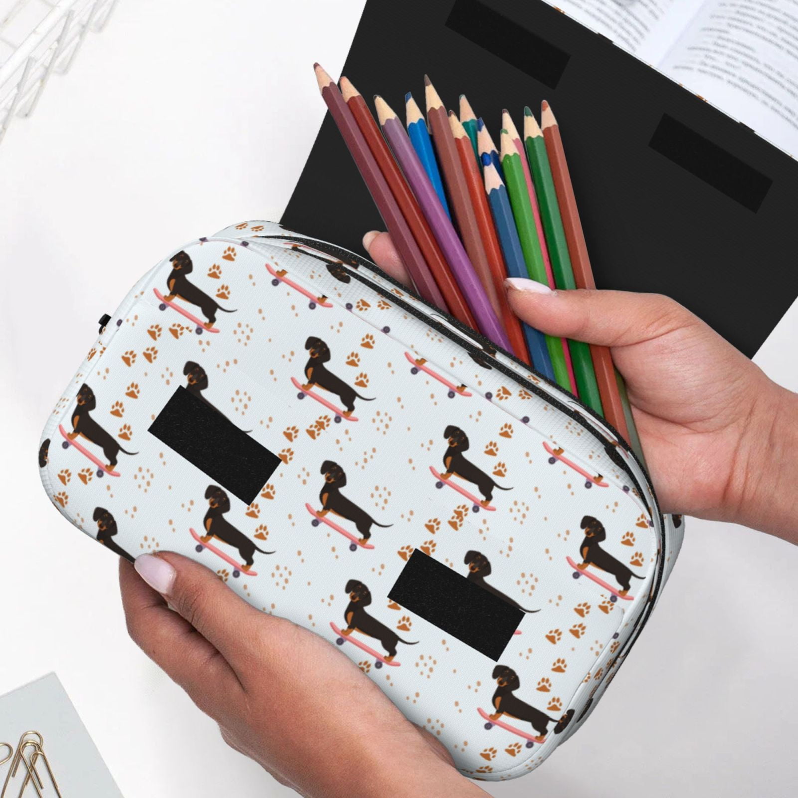 Rateoe Dachshund On A Skateboard Pattern Double Clamshell Pen Case, Storage Organizer with Two Zipper Compartments– Holds Up to 50 Pencils & Pens