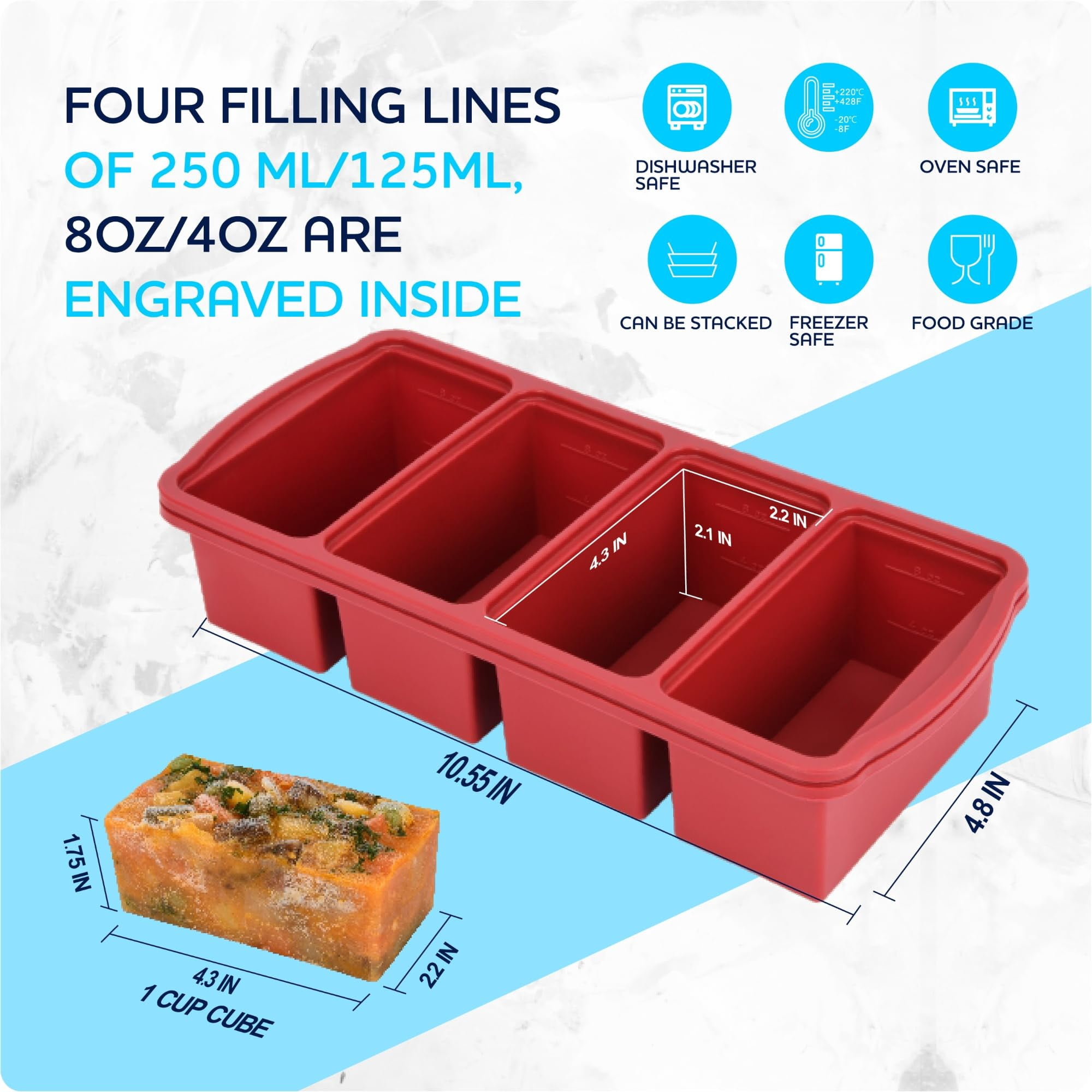 Silicone Freezer Trays With Lid 1-cup Soup Container Large Ice Cube Molds Reinforced Steel Ring Top For Freezing Sauce Broth Leftovers Oven Dishwasher -safe(2-pack)