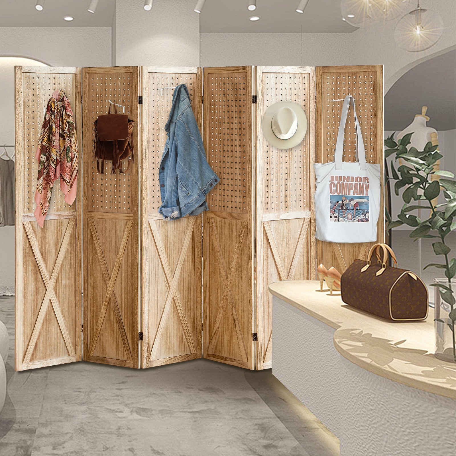 Aletheiawu 6 Panel Wood Room Divider Folding Portability Privacy Screens, No Installation Required, Light Brown