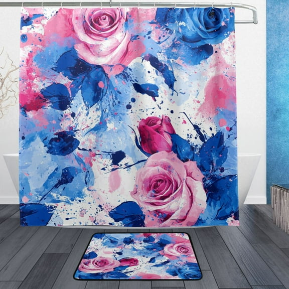 BZSMCE Shower Curtain and Bath Accessory Set,Pink and Blue Roses Rrt Pattern