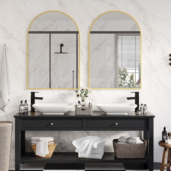 Modern Arched Bathroom Vanity Mirror – Gold Edge Aluminum Metal Frame, 5mm Tempered Glass, Rust Resistant, Easy to Hang or Lean, for Bathroom, Bedroom, Living Room, Entryway – 16x24 Inch Edge