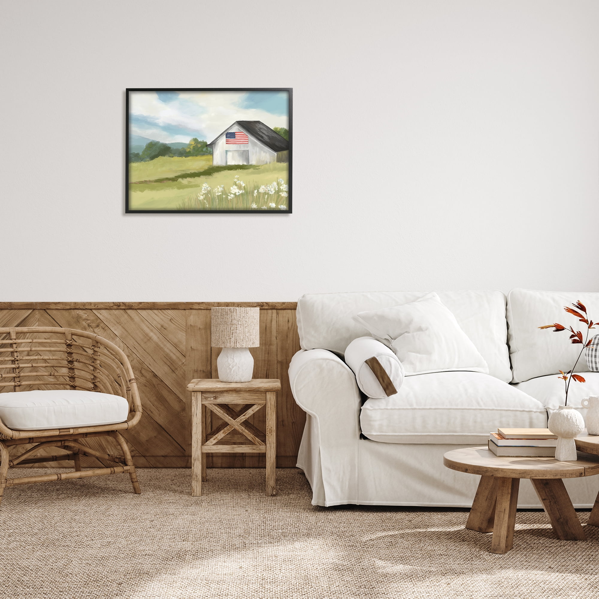 Stupell Industries American Flag on Barn Nature Painting Black Framed Art Print Wall Art, 30 x 24