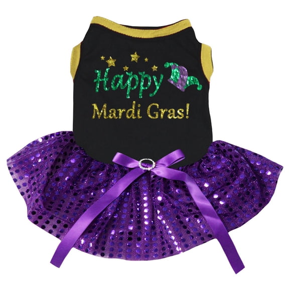 Petitebelle Happy Mardi Gras Clown Hat Puppy Dog Dress (Black/Purple Sequins, Small)