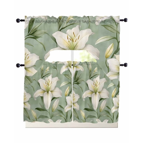 Spring Blooms Floral Kitchen Curtains Swag Valance and Tier Curtains Set 24 Inch Length, Sage Green Botanical Rod Pocket Drape Panels Pair Swag Curtain for Bathroom/Cafe/Window