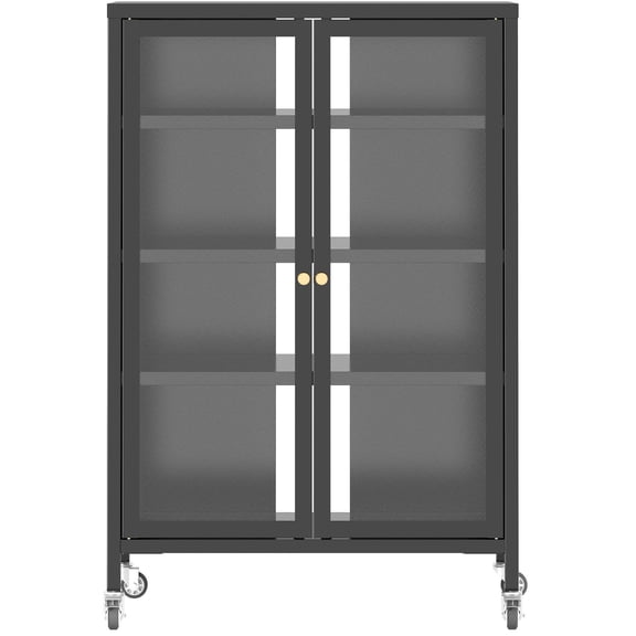 S-HOME Versatile 35.8 Inch Black Heavy-Duty Media Storage Cabinet with Easy Assembly, Locking Wheels Tempered Glass Doors, and Heavy-Duty Steel Frame for Modern Living Rooms