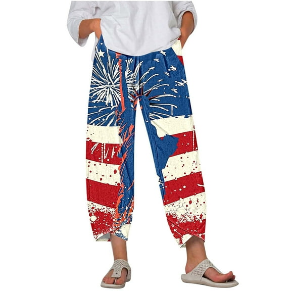 Tnhcen Women's Spring Autumn Wide Leg Casual Pants - Patriotic 4th of July Print, Pre-Shrunk Loose Fit Elastic Waist Pants Plus Size 5XL