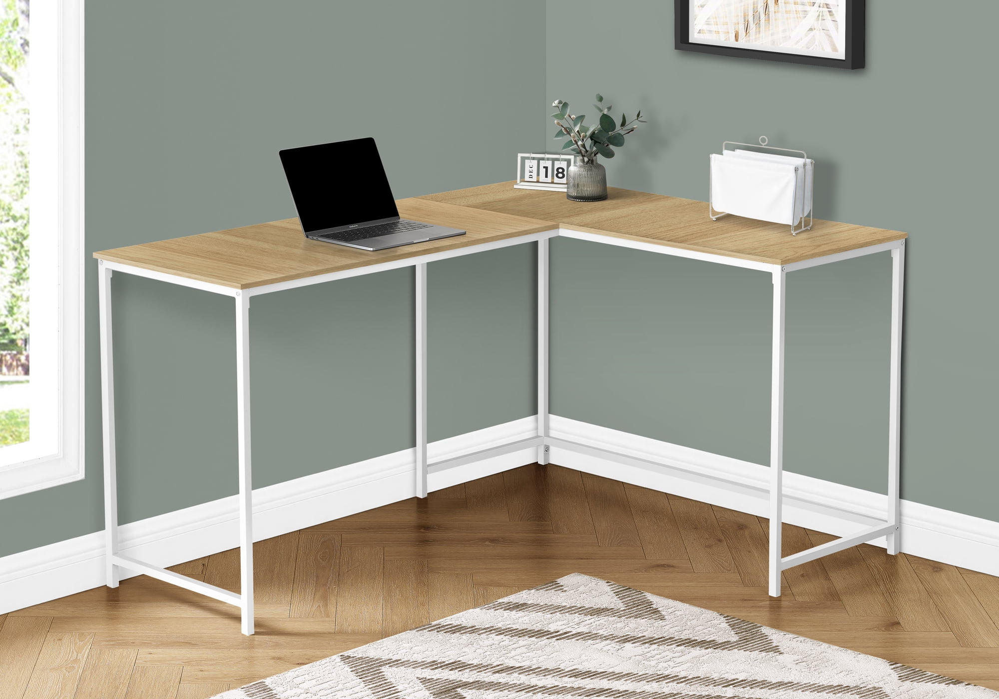 58 Inch Natural Wood Look L Shaped Computer Desk with White Metal Frame