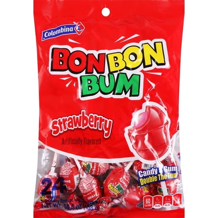 Colombina Bon Bon Bum Strawberry Bubble Gum Lollipops, 24 Count, 16.1 oz