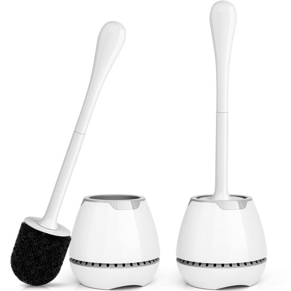 Toilet Brush 2 Pack, Toilet Bowl Brush with Ventilated Holder and Ergonomic Long Handle, Durable Bristles Toilet Scrubber Set for Bathroom Cleaning(W