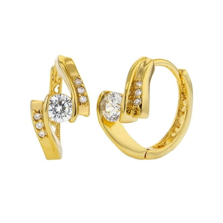 - 14k Gold Plated Clear Crystal Huggie Little Hoop Earrings for Women 15mm