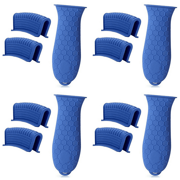 Silicone Hot Handle Holder for Cast Iron, 12 Pack Pot Handle Sleeve Non Slip Rubber Cover Set for Skillet Frying Pan,4 x Handle cover (14cm) 8 x earmuffs,Blue